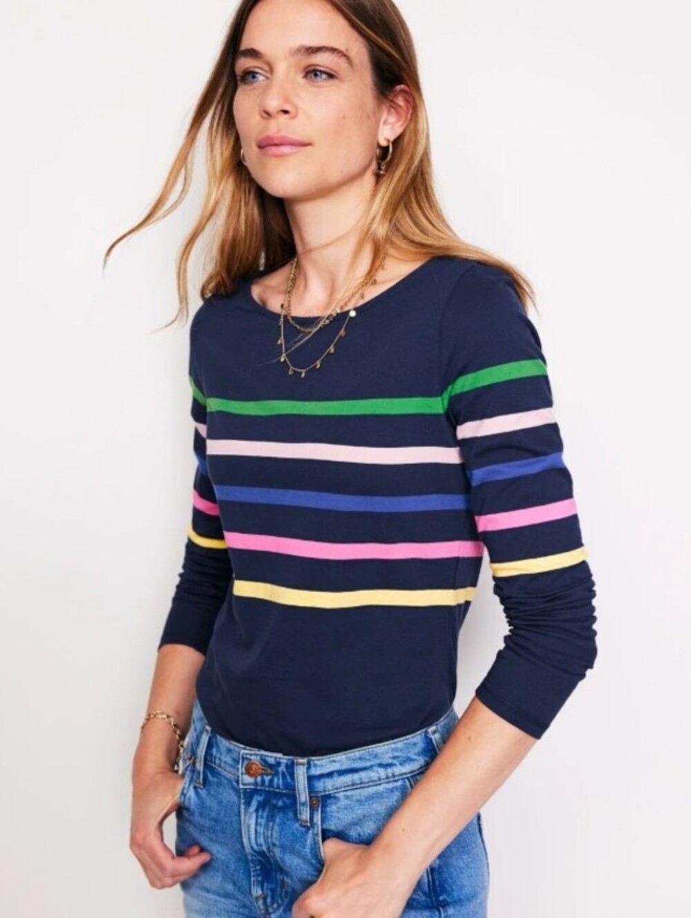 BODEN Ella Long Sleeve Breton French Navy and Rainbow Tee - Size - 6